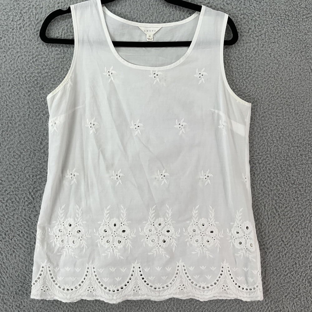 ADIVA Top Womens M White Lace Floral Embroidered Collarless Sheer Lightweight